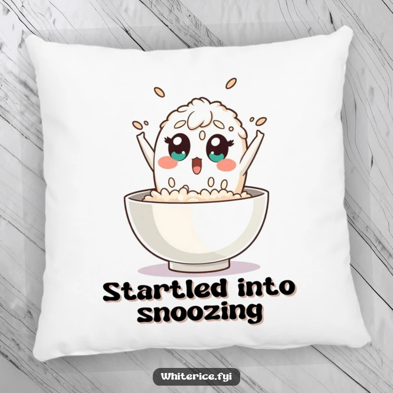 Funny rice pillow depicting a surprised grain of rice character leaping out of a bowl with wide eyes, offering a soft and humorous touch.
