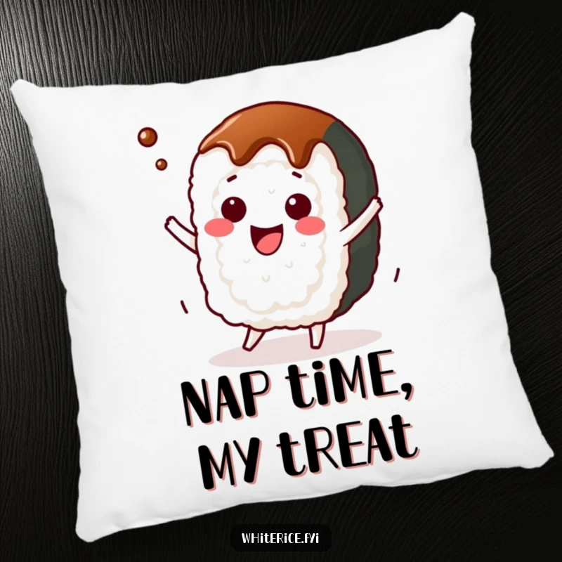 Funny kawaii sushi roll pillow, character happily dancing with soy sauce, soft and amusing cushion.