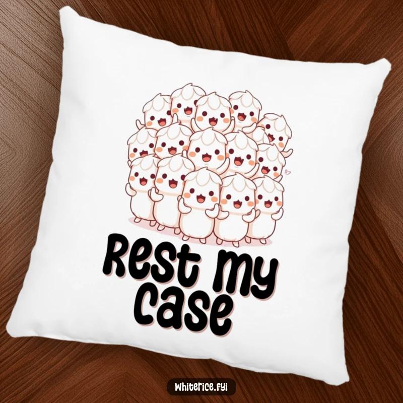 Funny pillow featuring a playful pile of white rice characters in a synchronized wiggle, offering comfort and cartoonish charm.