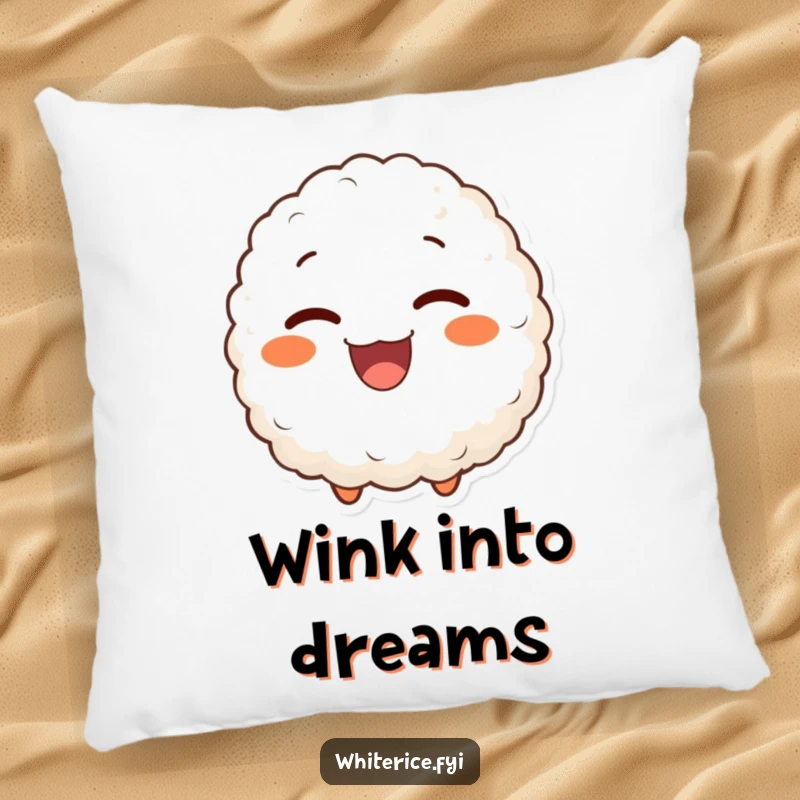 Funny pillow with a delighted rice ball character giving a charming wink, offering soft comfort and a playful design.