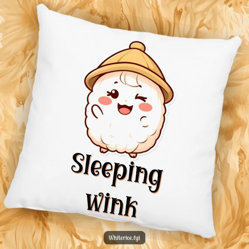 Funny pillow featuring a happy rice character in a small hat offering a friendly wink, providing comfort and a touch of whimsy.