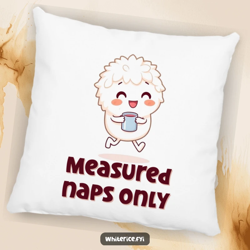 Funny pillow featuring a playful white rice character skipping happily, perfect for cozy, joyful moments.
