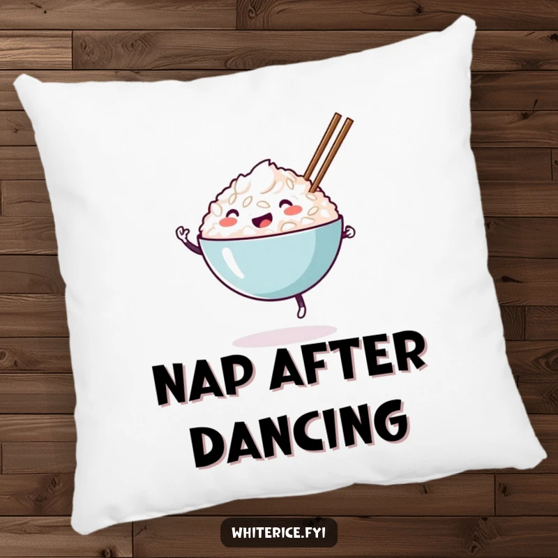 Funny happy white rice bowl pillow, dancing with chopsticks, a soft and humorous decor item for comfort.