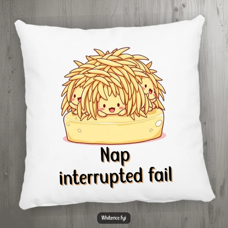 Funny pillow depicting confused rice characters comically struggling to stay upright while slipping on butter.