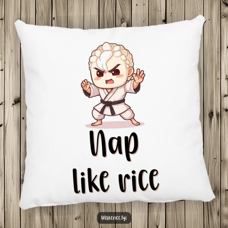 Funny pillow featuring a delighted grain of rice performing a dynamic martial arts pose, perfect for adding humor to comfort.