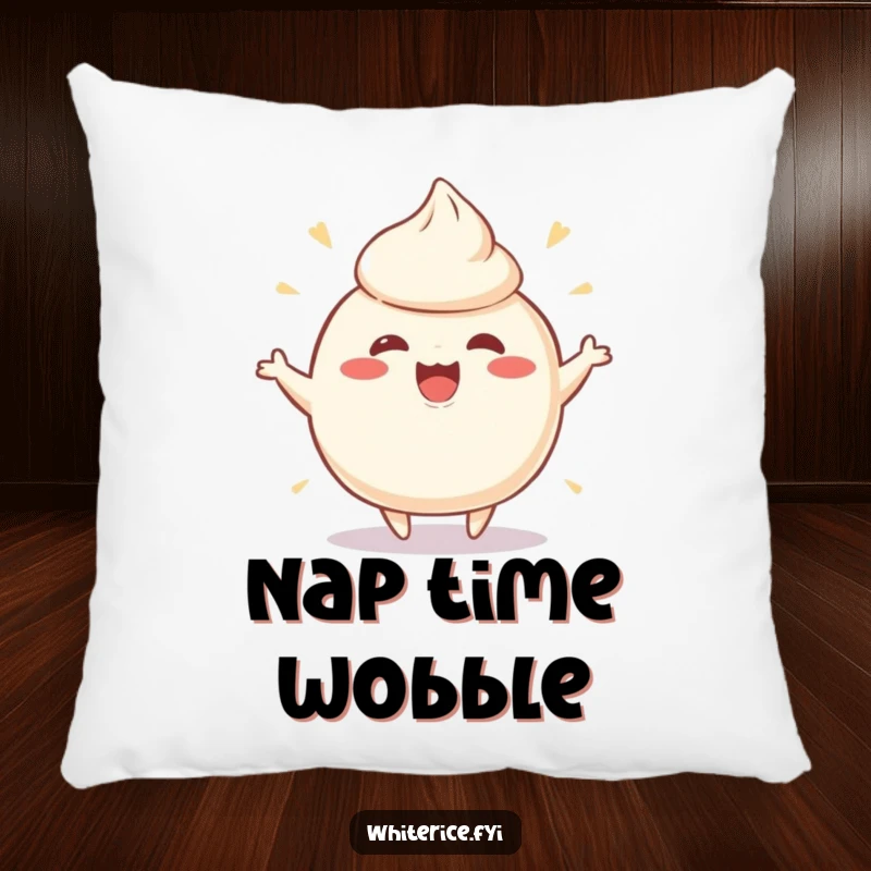 Funny pillow showcasing a playful, wobbly rice pudding character wobbling ecstatically, perfect for comfort and a touch of creamy cheer.