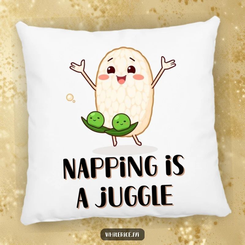 Funny pillow featuring a happy rice grain juggling peas, perfect for snuggly, playful moments.