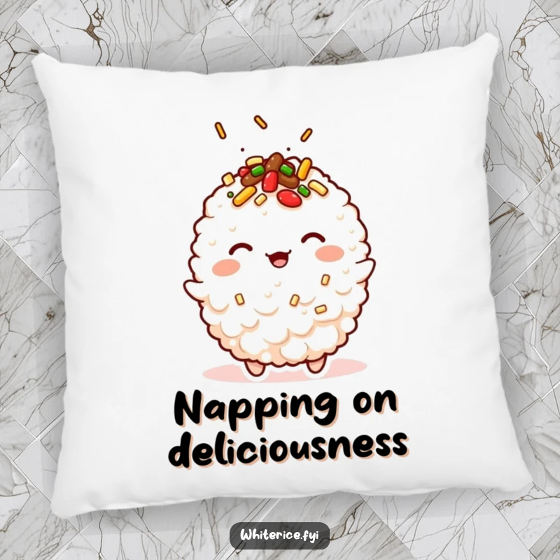 Funny kawaii pillow featuring a winking fried rice character, complete with tasty toppings, for comfort.