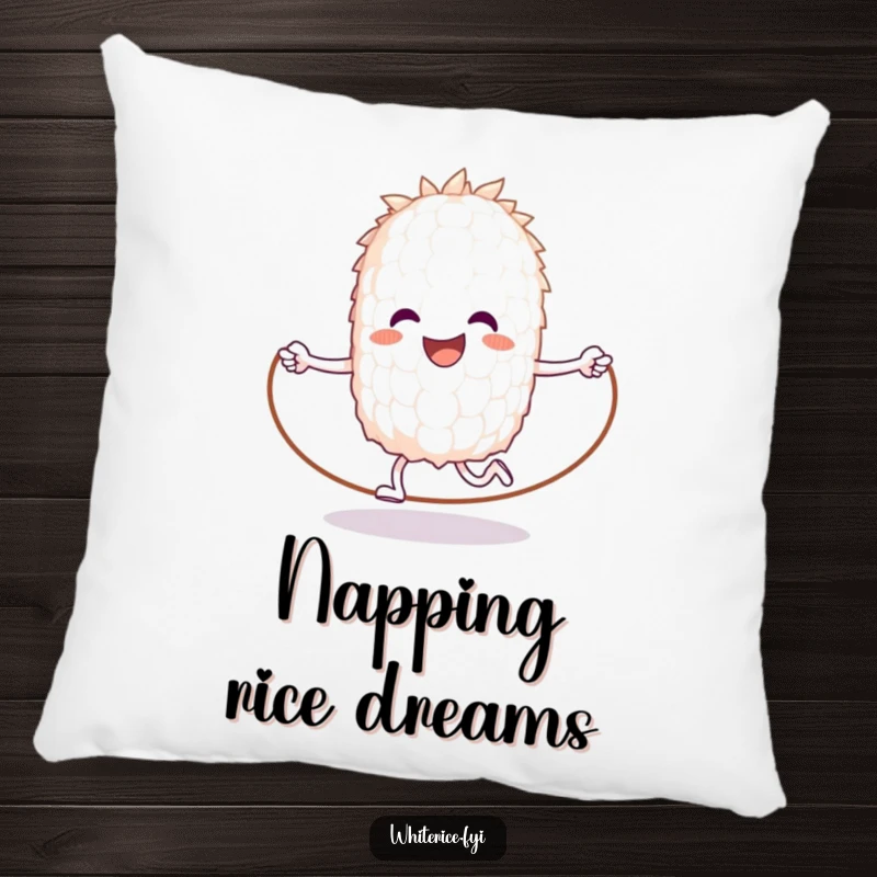 Funny pillow featuring a happy anthropomorphic grain of rice jumping rope, bringing comfort and humor.