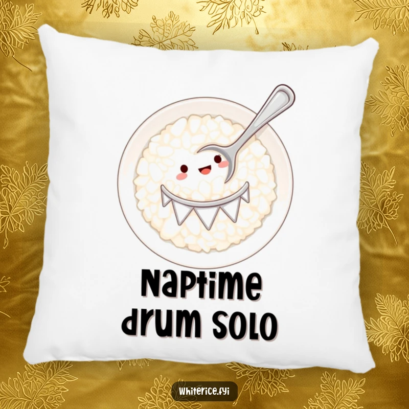 Funny white rice plate drum with tiny spoon pillow, offering comfort and a humorous musical vibe.