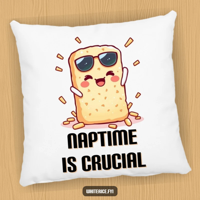 Funny pillow with a kawaii rice cracker character celebrating a crisp, triumphant snap, offering humorous comfort.