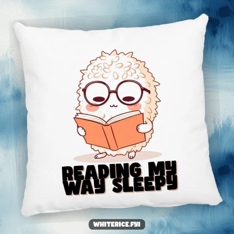 Funny rice pillow depicting a bewildered ball of rice character in glasses reading a book, offering a soft and humorous decorative touch.