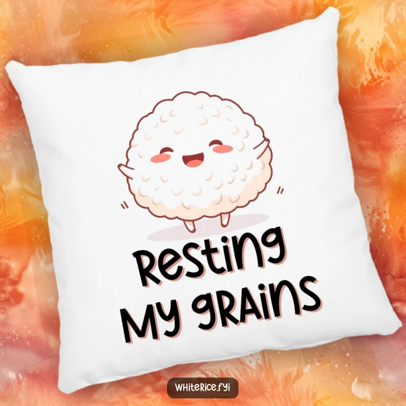Funny happy rice pillow featuring a joyful mound of white rice doing a happy bounce, offering soft comfort.