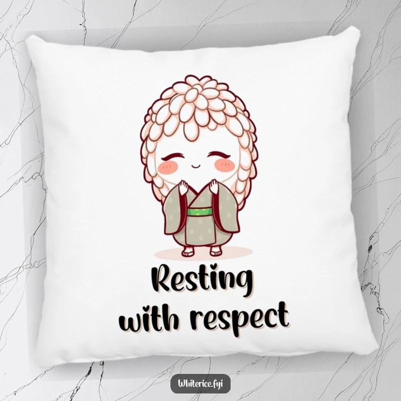 Funny pillow with a smiling grain of rice in a tiny kimono, bowing. Soft, comfortable, and humorous.