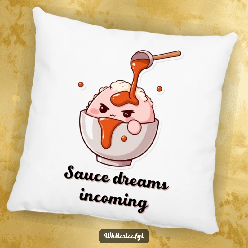 Funny pillow with a determined pink rice bowl character pouring savory sauce, offering a humorous and cozy decorative touch.