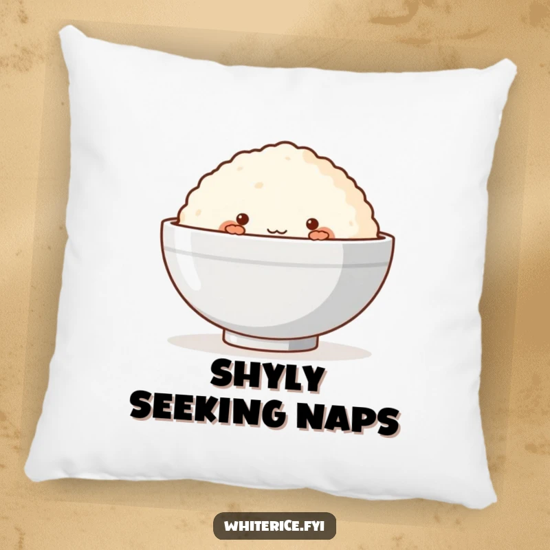 Funny pillow with a blushing rice cake shyly peeking from behind a bowl, offering soft comfort and charm.