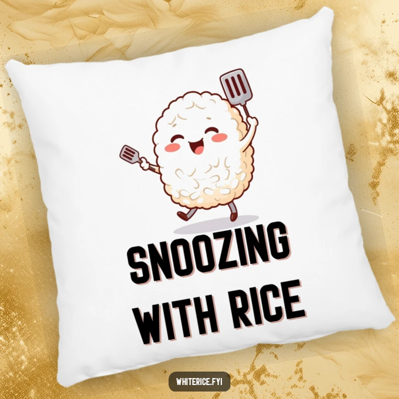 Funny pillow featuring a cheerful, plump grain of rice character happily dancing with a tiny spatula, a soft food accent.