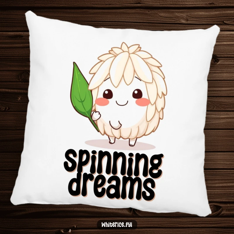 Funny pillow featuring a smiling rice character engaged in a happy spin with a jaunty leaf, offering comfort and cheer.