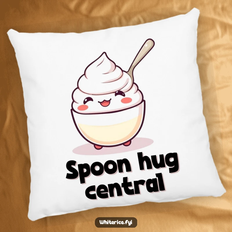 Funny kawaii rice pudding pillow, character happily spooning itself, soft and amusing cushion.