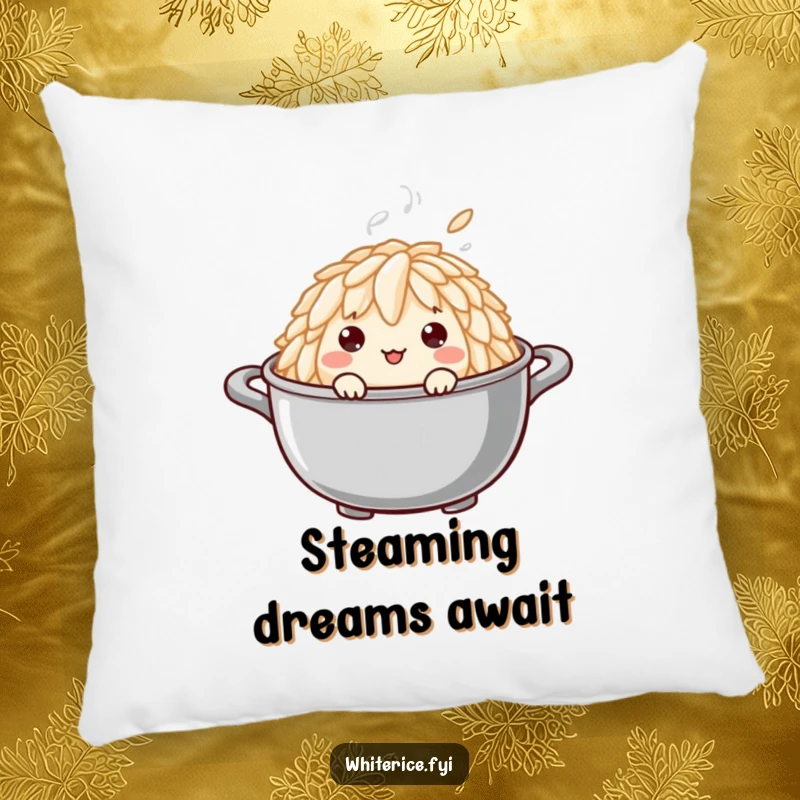 Funny pillow with a curious rice grain peeking out from a steaming pot, offering comfort and a touch of playful humor.