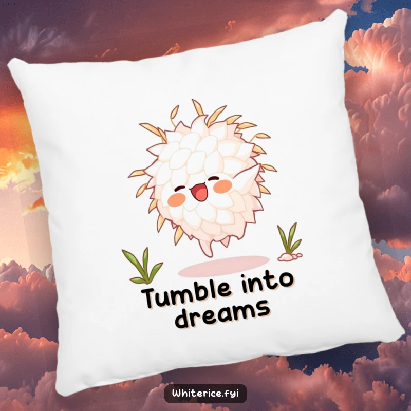 Funny animated white rice grain character mid-somersault on a soft pillow, offering comfort and a touch of dynamic, playful charm.