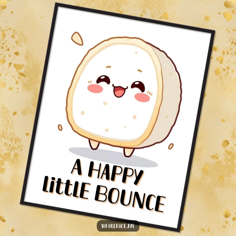 Funny kawaii digital art print of a cheerfully bouncing rice cake character, bringing instant happiness.