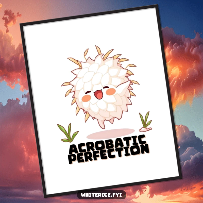 Funny animated white rice grain character mid-somersault, as a digital art print, embodying playful movement and energetic decor.