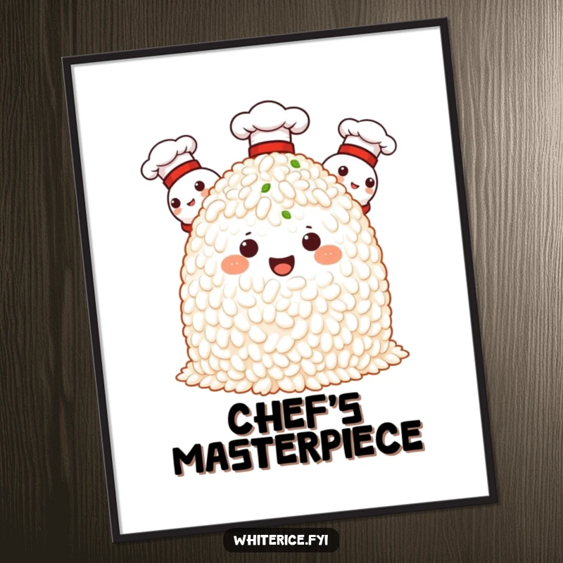 Funny digital art print of proud rice characters wearing chef hats, exuding culinary confidence and charm.