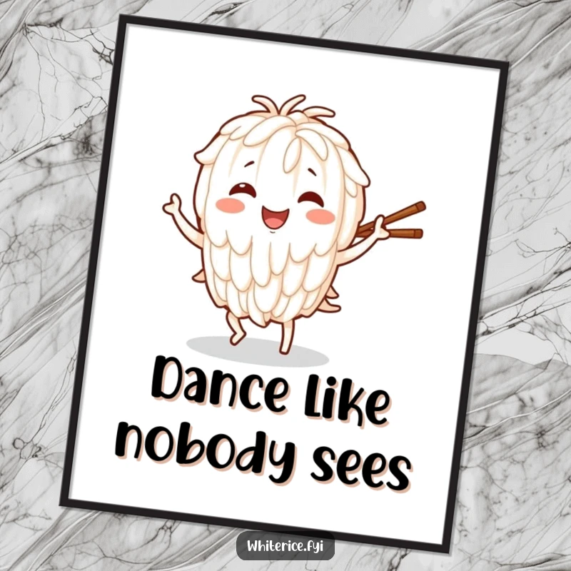 Funny digital art print of a smiling rice character in a joyful dance pose, holding chopsticks, a vibrant and humorous piece.