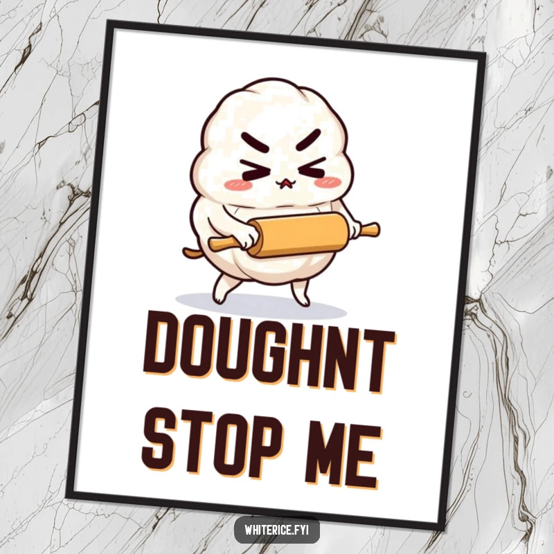 Funny digital art print of a determined rice dumpling character pushing a tiny rolling pin, offering instant inspiration.