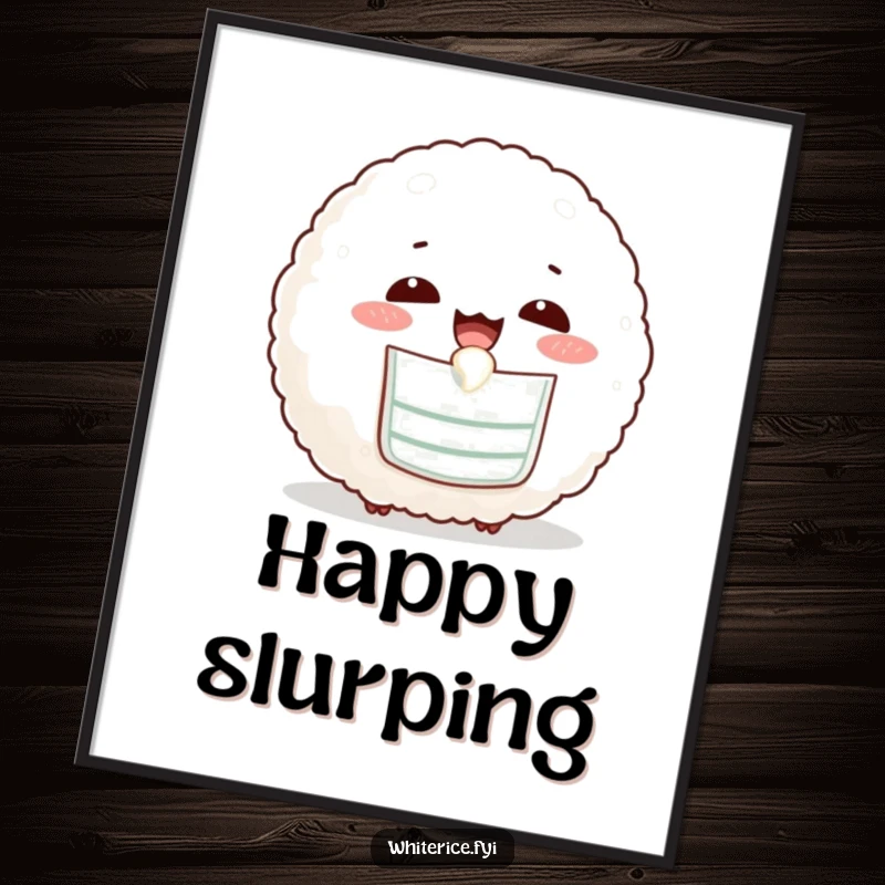 Funny digital art print of a cute rice ball wearing a bib, happily slurping, ready to add charm.