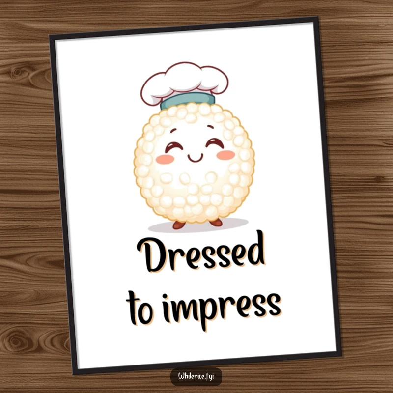 Funny smiling white rice grain character wearing a chef hat, as a digital art print, embodying culinary fun and cheerful decor.