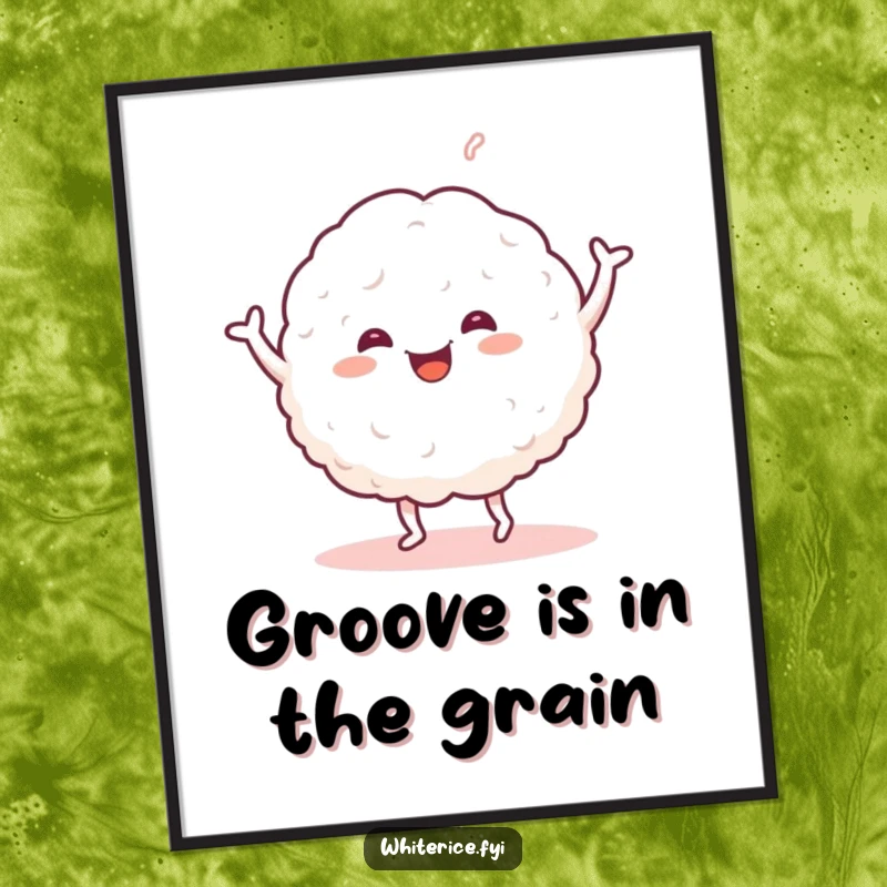 Funny digital art print of a happy glob of sticky white rice dancing cheerfully. Instant wall art.