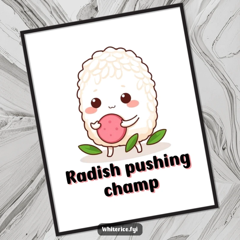Funny Rice Digital Art: A determined grain of rice pushing a tiny radish slice, bringing instant motivation and humorous charm to your display.