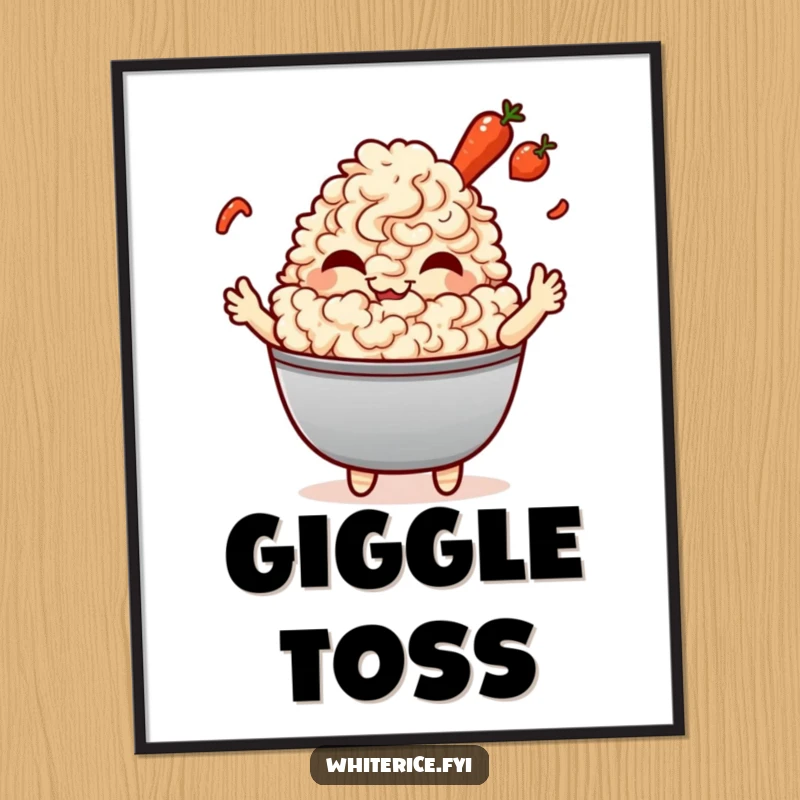 Funny Fried Rice Digital Art: A giggling Kawaii character gleefully tossing tiny vegetables, radiating culinary fun and humor, perfect for printing.