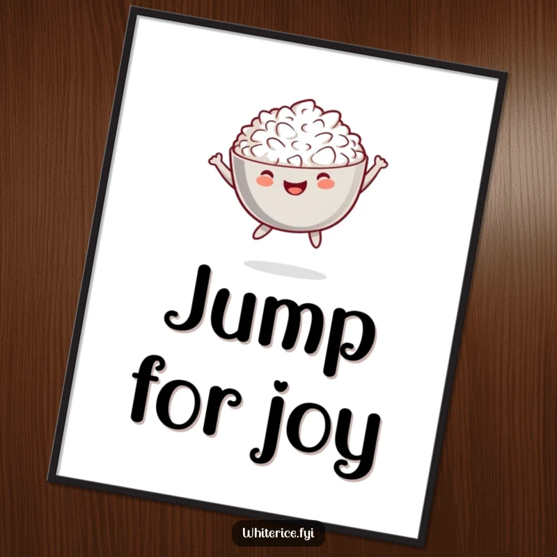 Funny digital art print of a cheerful bowl of white rice in a playful jump, for wall art.