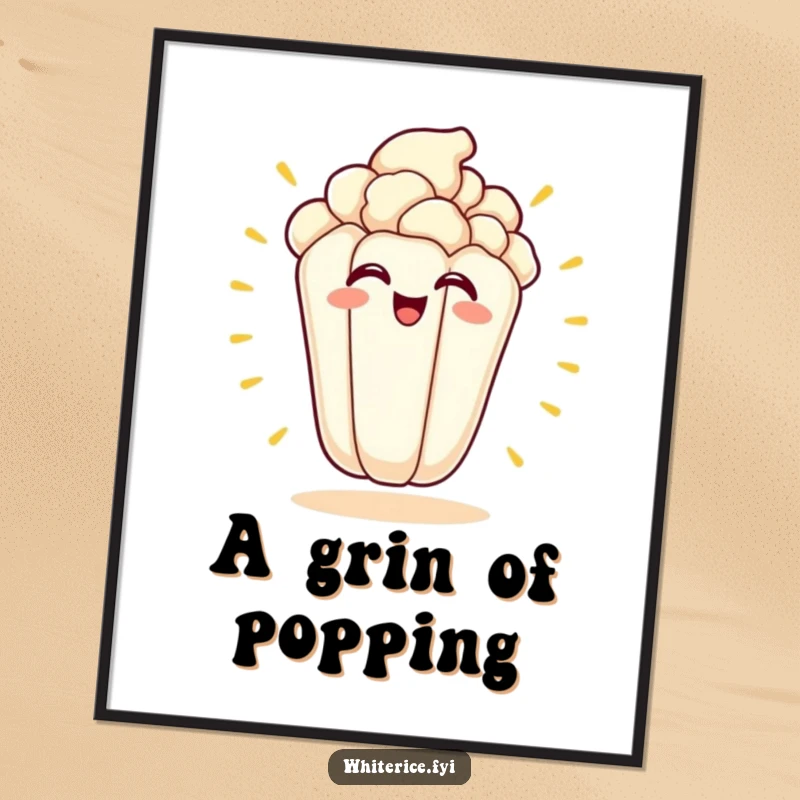 Funny kawaii digital art print of an excited popcorn kernel popping with a huge grin.