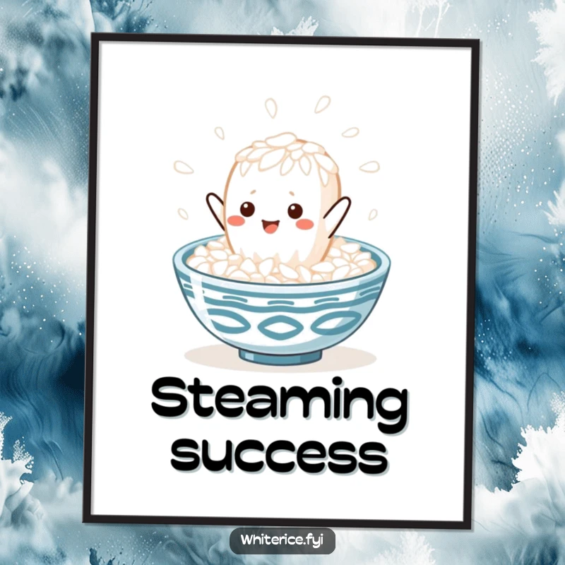 Funny kawaii white rice grain character joyfully leaping into a steaming bowl of rice, as a digital art print for charming and humorous decor.