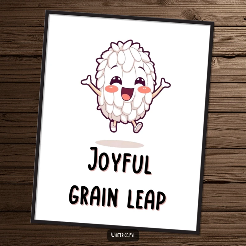 Funny digital art print of a cheerful white rice grain character comically leaping, perfect for instant, humorous wall decor.