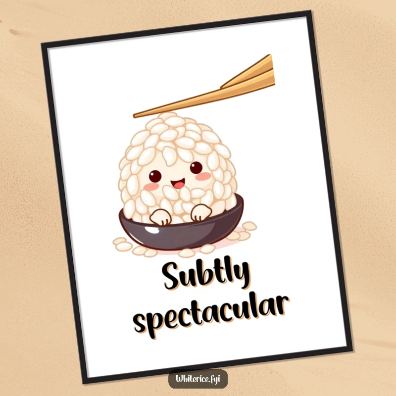 Funny charming white rice grain character peeking from under a chopstick, as a digital art print, embodying shy curiosity and playful decor.