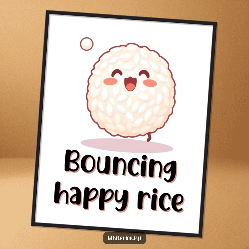 Funny digital art print of a happy grain of white rice joyfully bouncing a tiny ball, ready to print.