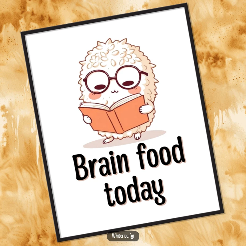 Funny rice digital art print of a bewildered rice ball character wearing glasses and reading a large book, ideal for instant download.