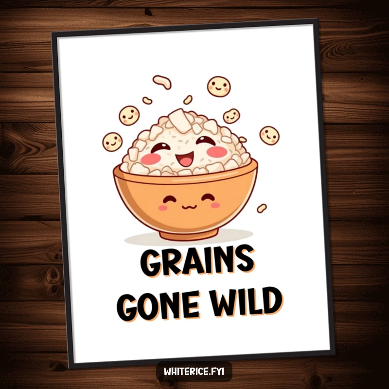 Funny digital art print of a giggling rice bowl character juggling smiling grains of rice, capturing pure, playful joy.
