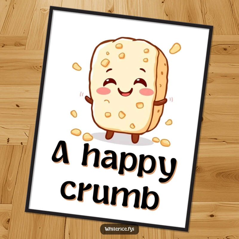 Funny digital art print of a cheerful, small rice cracker character crumbles slightly with a happy crunch, perfect for adding instant joy.