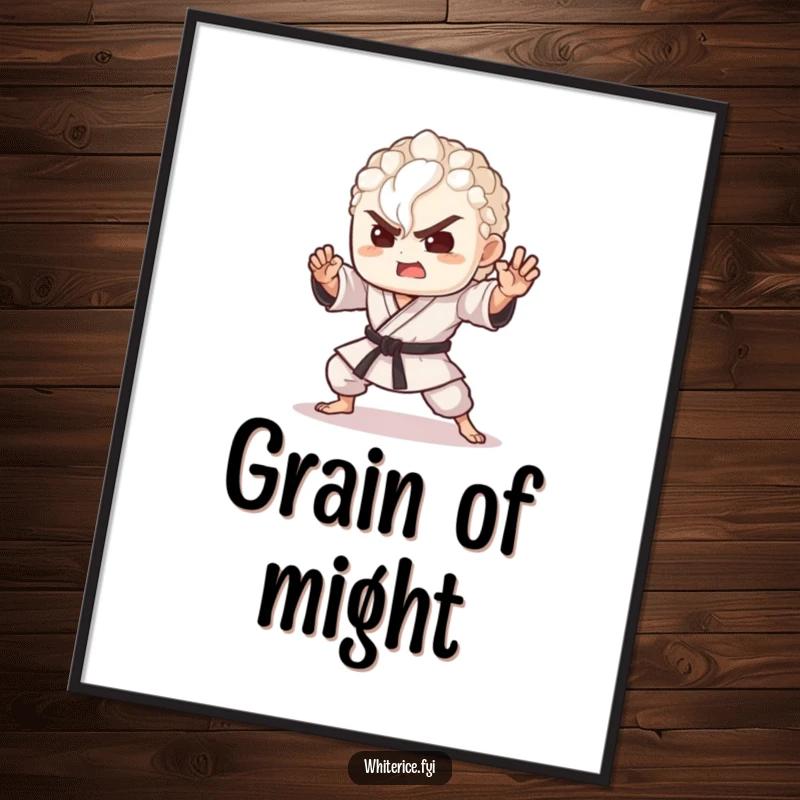 Funny digital art print of a delighted grain of rice performing a martial arts pose, ideal for vibrant wall art.