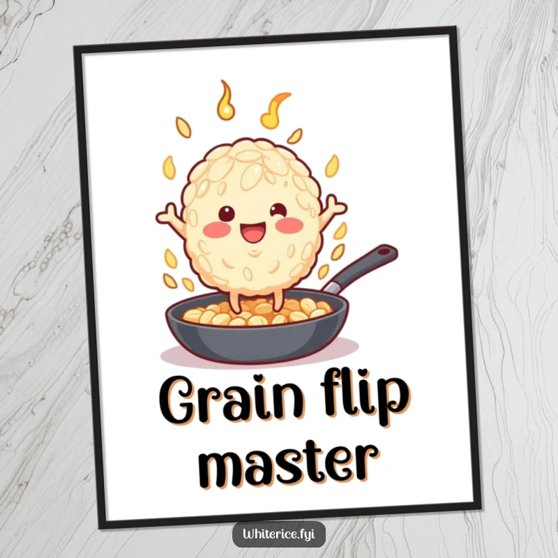Funny beige rice grain character with tiny legs enthusiastically flipping in a hot pan, a funny digital art print.