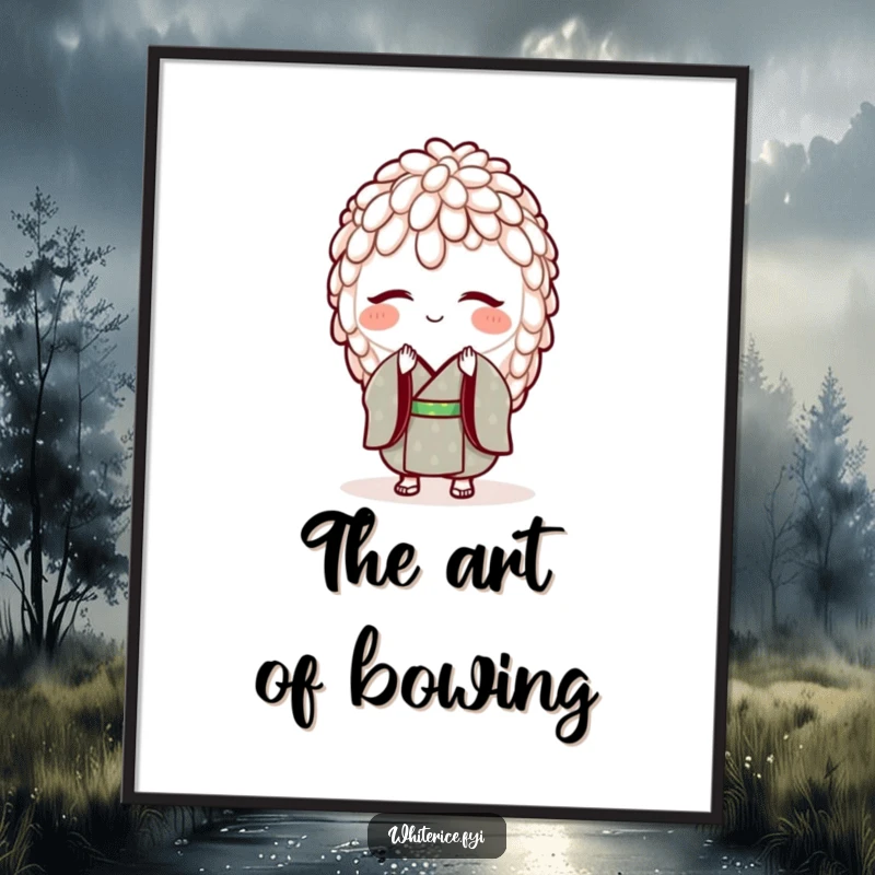 Funny digital art print of a smiling grain of rice in a tiny kimono, bowing. Instant cultural decor.