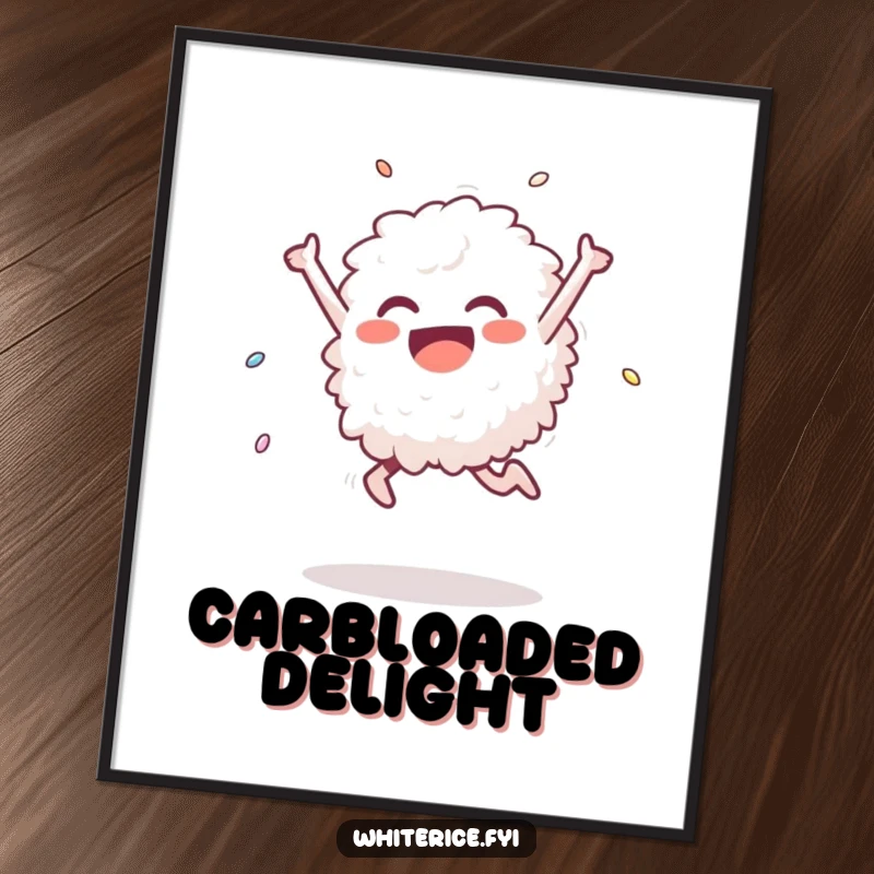 Funny digital art print of a delighted white rice grain performing a triumphant leap, a joyful and energetic illustration perfect for instant home decor.