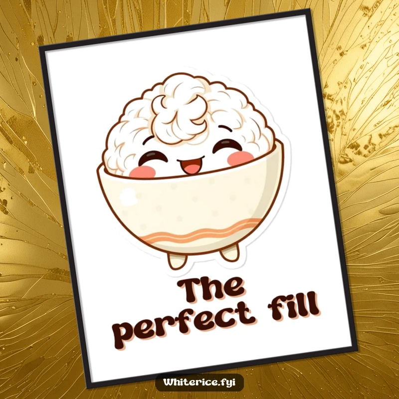 Funny digital art print of a delighted, anthropomorphic rice bowl character beaming with satisfaction, perfect for adding instant joy.