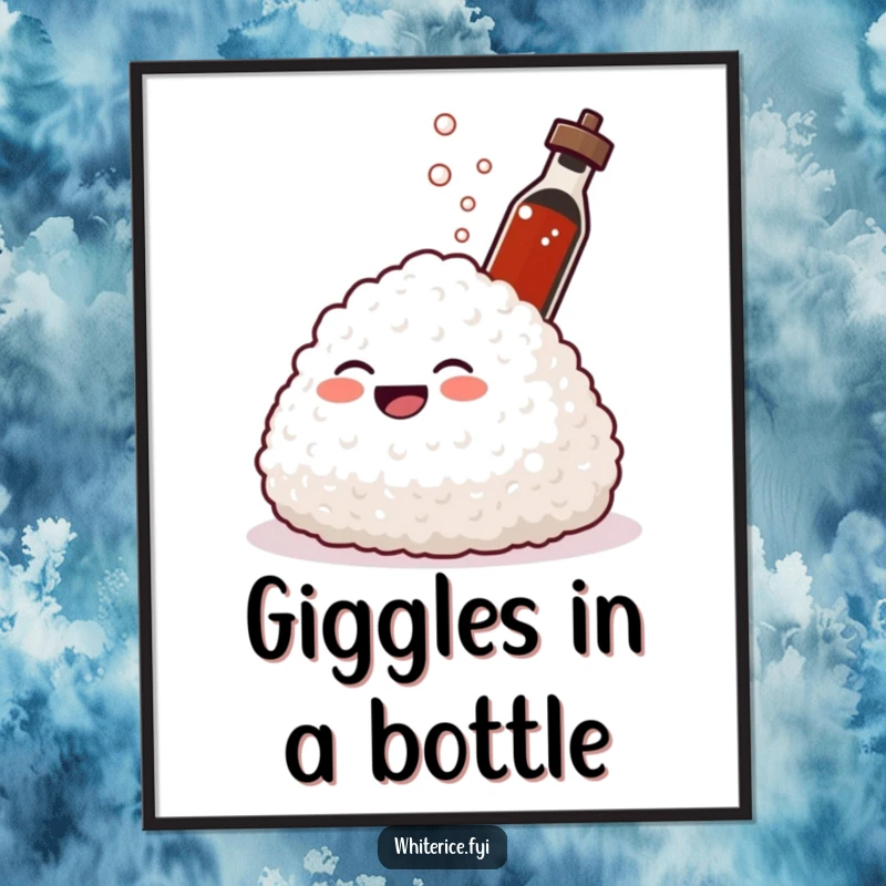 Funny digital art print of a giggling mound of rice laughing as soy sauce sprays. Instant humorous decor.